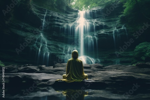 Contemplative Person meditation waterfall. Summer travel. Generate Ai