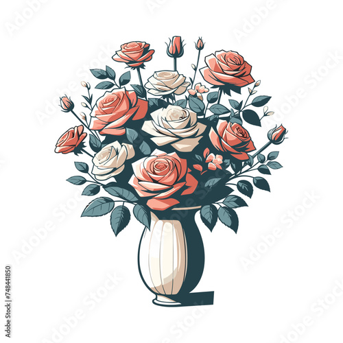 Colorful roses flower in a vase vector illustration, cute spring flowers, bouquet of roses with leaves design template isolated on white background