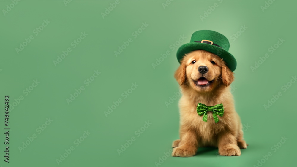 Puppy in a green leprechaun hat and bowtie. Close up portrait of a dog in hat on plain green studio background with copy space for text. Saint Patrick's Day Concept. St Patrick Day themed animal photo - obrazy, fototapety, plakaty 