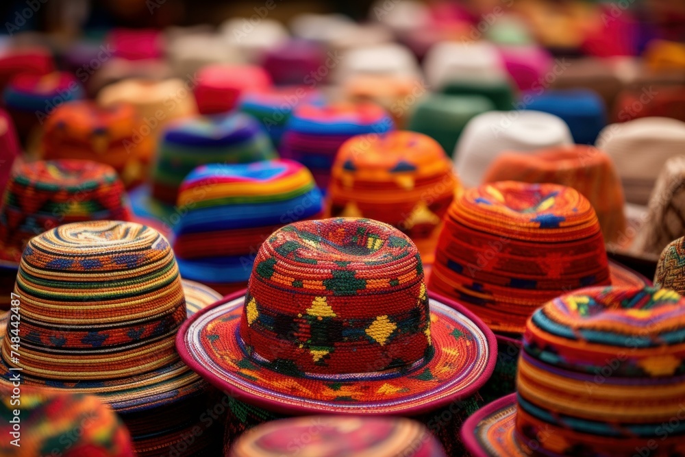 Vibrant Peru traditional colorful hats. Brightly colored headwear for culture fiesta festival. Generate ai