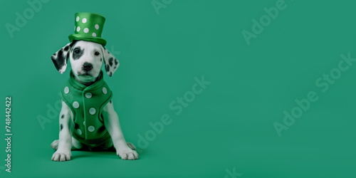 Dalmatian puppy in a green leprechaun hat. Dog in green costume on plain green studio background with copy space for text. St Patrick Day themed animal photo for festive horizontal banner