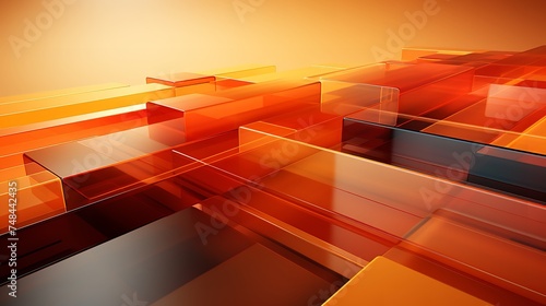 This mesmerizing abstract digital art depicts orange glass cubes stacked on top of each other in a precarious and delicate balance. The cubes are translucent and refractive