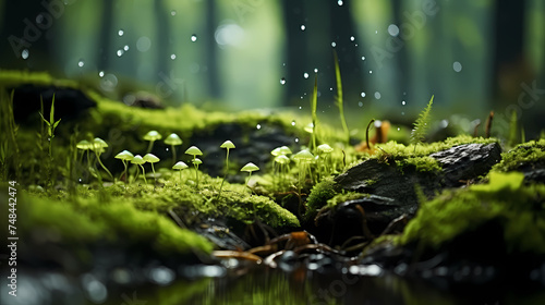 Green moss on rocks in fertile nature background forest © jiejie