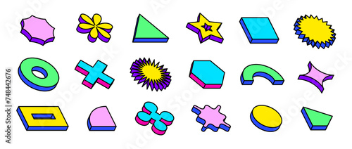 Colorful isometric shape set. Bright outline abstract geometric object collection. Retro brutalist form pack in Memphis style. Vintage volumetric elements for poster, cover, banner. Vector
