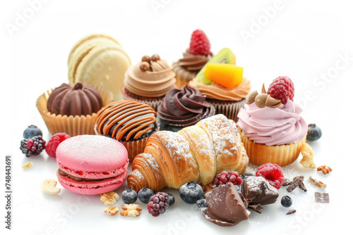 Assorted pastries and desserts elegantly presented on a pristine white background