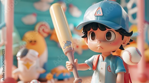 A super cute boy with a baseball cap,holding a baseball bat carrying a bag,popomart toys blindbox toys,full-body shot,full body Anime 3D atework,C4D blender photo