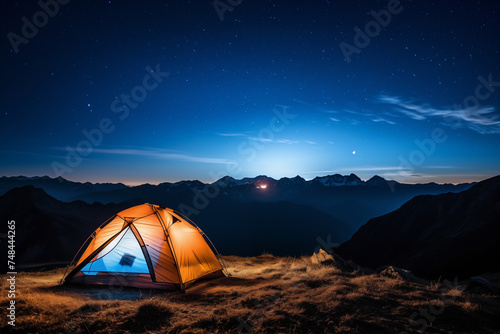 A small tent lit from within, under a night sky filled with stars. 