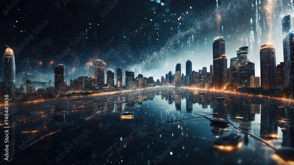Drifting City in IT Technology Space Particles Background
