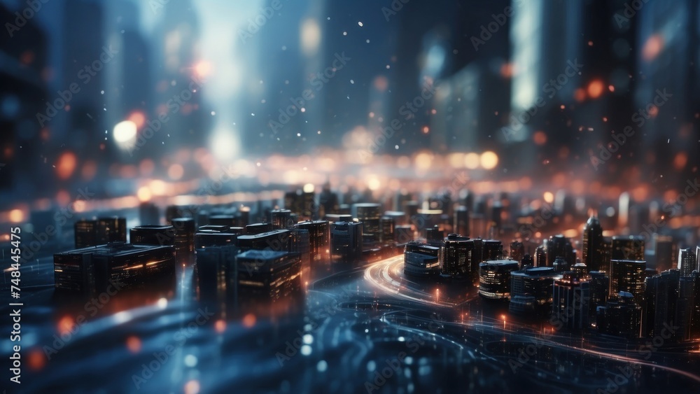 Drifting City in IT Technology Space Particles Background