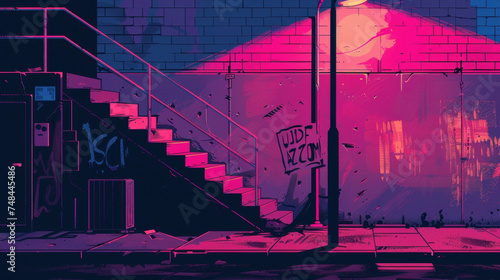 A set of rundown stairs beneath a dim street lamp leading to a seemingly abandoned warehouse but inside lies a bustling underground music club.
