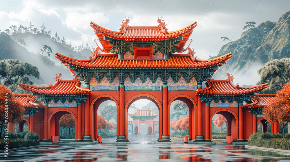 Naklejka premium Chinese ancient door, traditional architecture.Generative AI