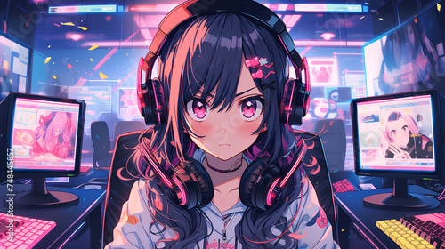 cute anime girl seriously playing game
