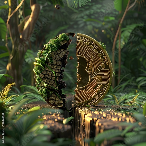 bitcoin halving concept, coins split in half, jungle background. bitcoin halving 2026