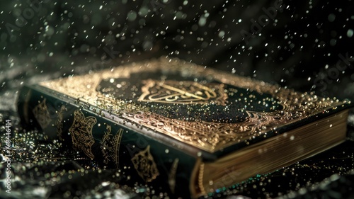 A still-life image of Koran (Holy Book of Muslims) on dark black background, with sprinkles falling on. - generative ai