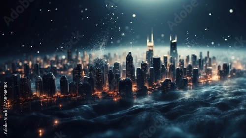 Drifting City in IT Technology Space Particles Background