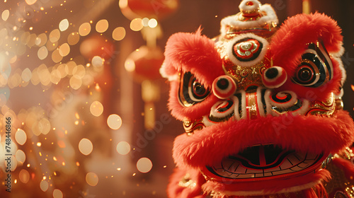 Close up of Chinese lion costume used during Chinese New Year celebration isolated on golden celebration background with space. generative ai
