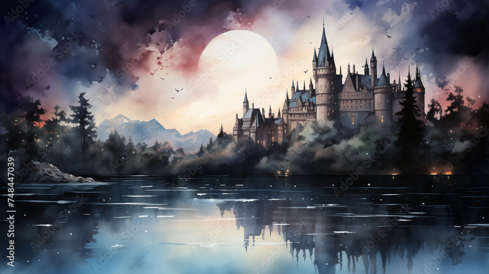 An enchanting watercolor artwork of a majestic castle reflected in a calm, moonlit lake. Watercolor painting illustration.