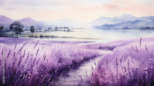 An evocative watercolor landscape capturing the beauty of a misty morning in a lavender field. Watercolor painting illustration.
