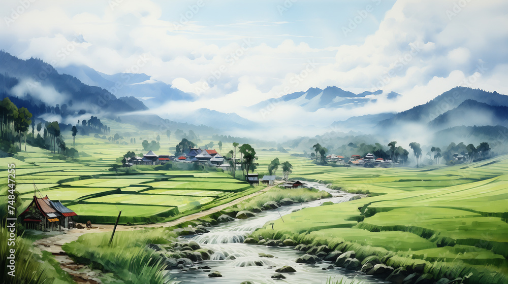 A picturesque mountain village emerges through the mist, with sprawling rice terraces and a gentle stream flowing through. Watercolor illustration painting.