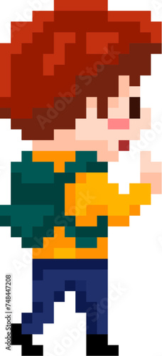 Pixel art character little boy with backpack from the side view