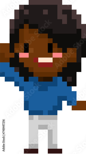 Pixel art character dark-skinned kid waving her hands