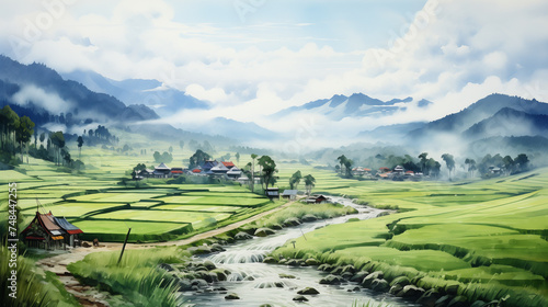 A picturesque mountain village emerges through the mist  with sprawling rice terraces and a gentle stream flowing through. Watercolor illustration painting.