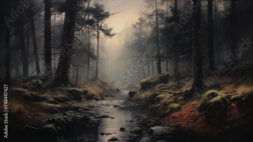 As twilight descends, a serene and mystical creek meanders through the autumnal forest, its enchanting aura further heightened by the ethereal mist weaving through the trees.