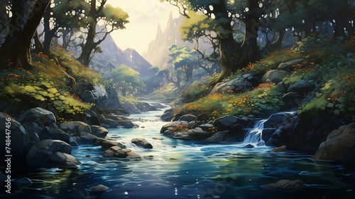 In the heart of a verdant forest  a tranquil stream cascades over rocks  while in the distance  hazy mountain silhouettes create a dreamy backdrop to the serene scene.