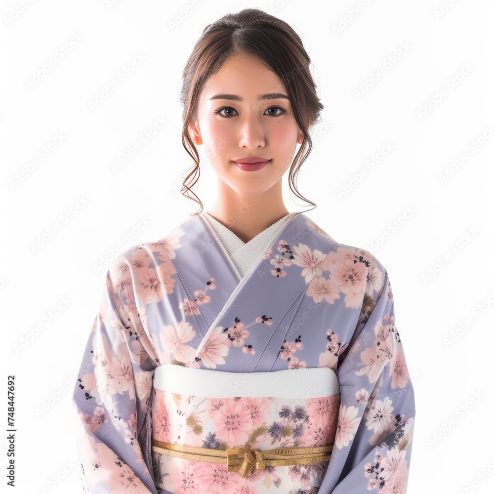 Pretty Young Woman in a Japanese Yukata-Style Wrap Dress with Soft Pastel Colors, Clear Skin for Beauty Advertisement photo on white isolated background