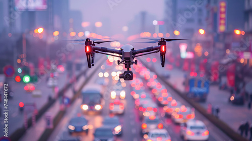 Drone flying over a futuristic city of car traffic at roundabout lane and buildings.Generative AI