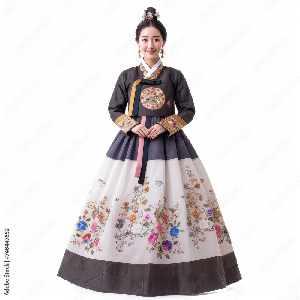 Pretty Young Woman in a Korean Hanbok-Inspired Modern Dress, Accentuated with Traditional Embroidery, Radiant Skin photo on white isolated background