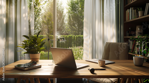 Escritório em casa sereno com vista para o jardim iluminado pela manhã cria ambiente ideal para trabalho produtivo