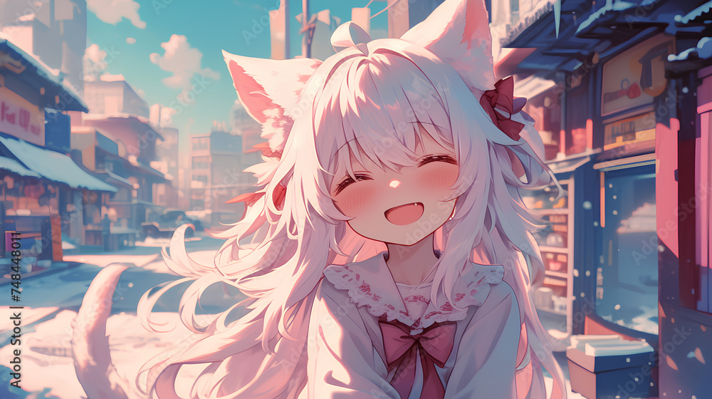 anime cat ear girl smiling happily - obrazy, fototapety, plakaty 