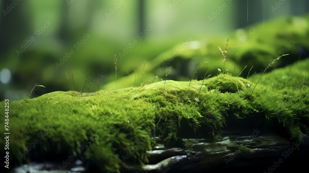 A stone covered with green moss in the forest A stone covered with green moss in the forest