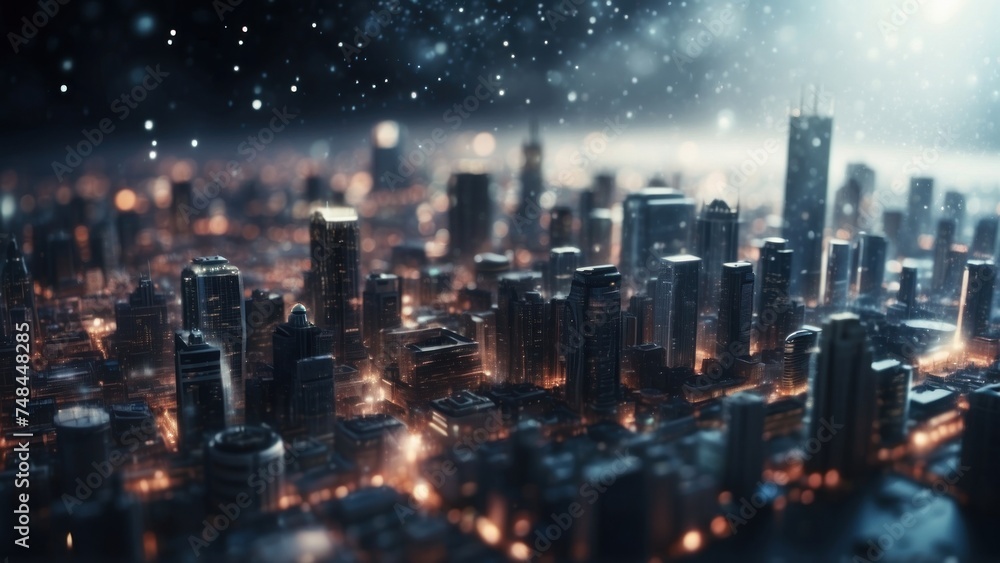 Fototapeta premium Drifting City in IT Technology Space Particles Background