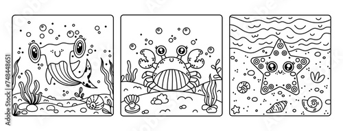 Underwater animals vector set of coloring pages. Baby shark, funny crab on the seabed. Cute smiling starfish on the beach. Happy aquarium pets among shells, seaweed, bubbles. Doodle clipart for kids