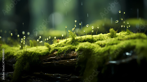 A stone covered with green moss in the forest