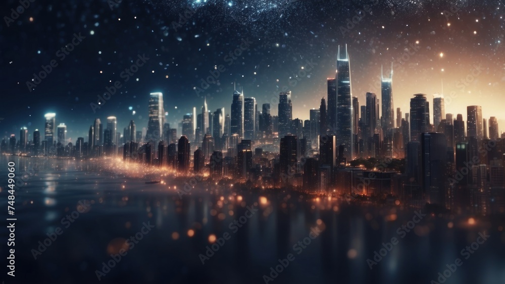 Drifting City in IT Technology Space Particles Background