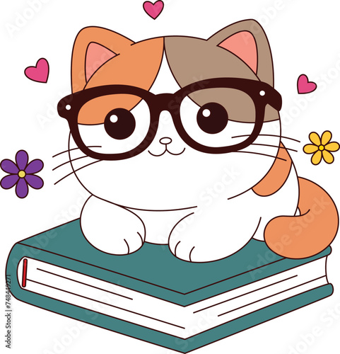 Cute cat is lying on the book illustration. Cute character design. Graphic elements for kids. Cartoon hand drawn style.