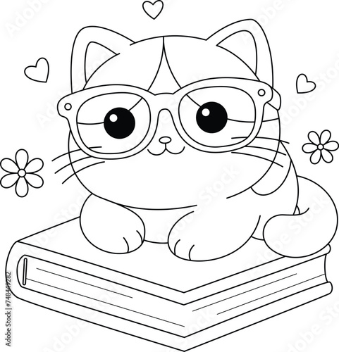 Cute cat is lying on the book coloring page. Kawaii kitten illustration coloring book. Graphic elements for kids. Cartoon hand drawn style.
