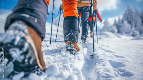 A group of hikers trudge through kneedeep snow determined to reach the summit of a towering mountain. The thrill of the challenge and the excitement of conquering the unknown © Justlight