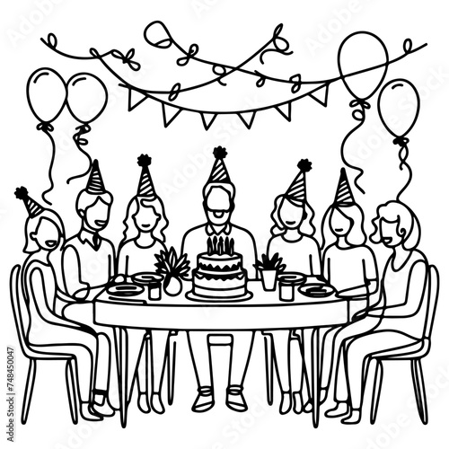 single continuous drawing black line family dinner sitting at table to celebration anniversary happy birthday party doodles vector