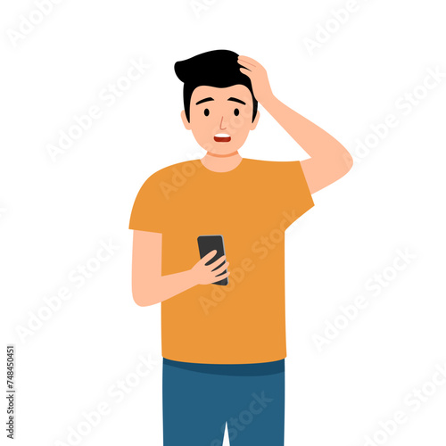 Frustration, broken phone, problems in communication concept. Worried concerned man character looking at his phone screen cracked and shattered to pieces or feeling bad with message.