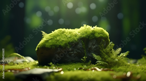 A stone covered with green moss in the forest