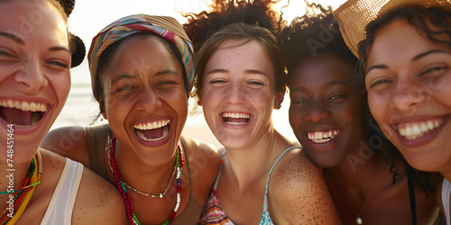 Close-up of a group of diverse women laughing heartily in a sunlit outdoor setting