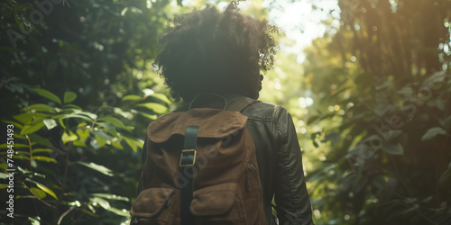 Back view of a person with curly hair, exploring a lush forest, illuminated by a soft, natural light