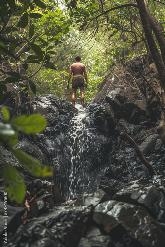 A man stands atop a waterfall, surrounded by the dense foliage of a tropical jungle