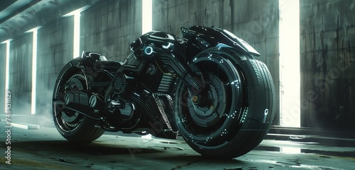 A visually captivating AI-generated scene featuring a dark and moody cyberpunk motorbike, its substantial frame boasting a cool futuristic design that seamlessly merges with the urban shadows.