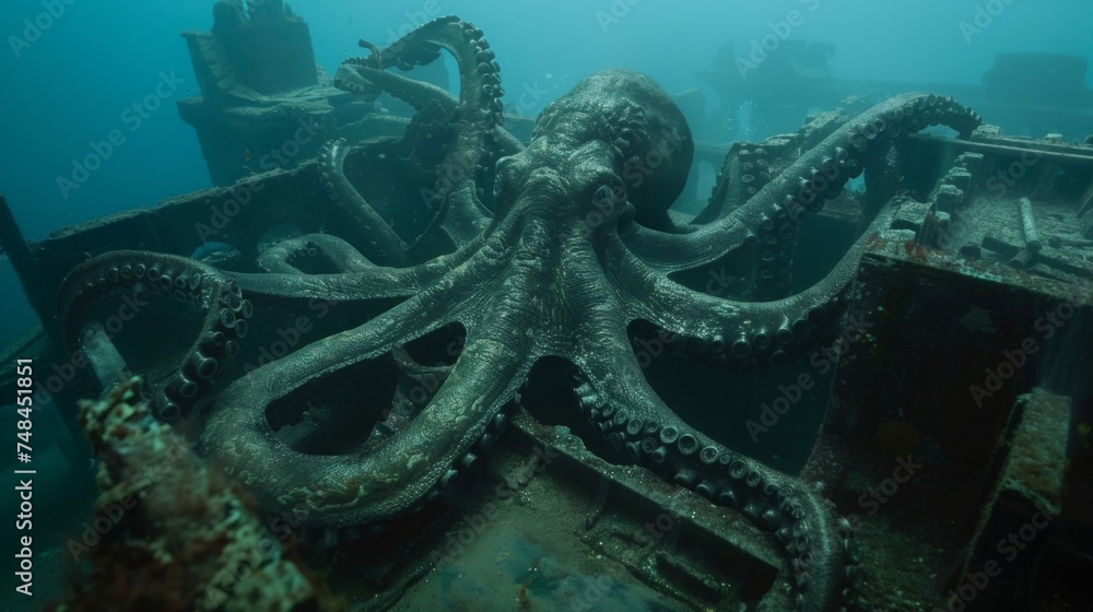 Fototapeta premium Amidst the eerie glow of the deep sea a legendary Kraken unfurls its mighty tentacles casting an ominous shadow over the sunken ruins below.