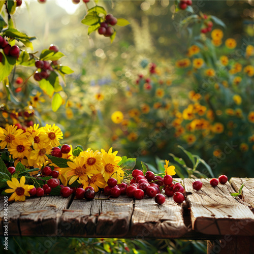 spring background Yellow flowers  red fruits on a wooden table  blurred yellow flowers in the background. ai generated.